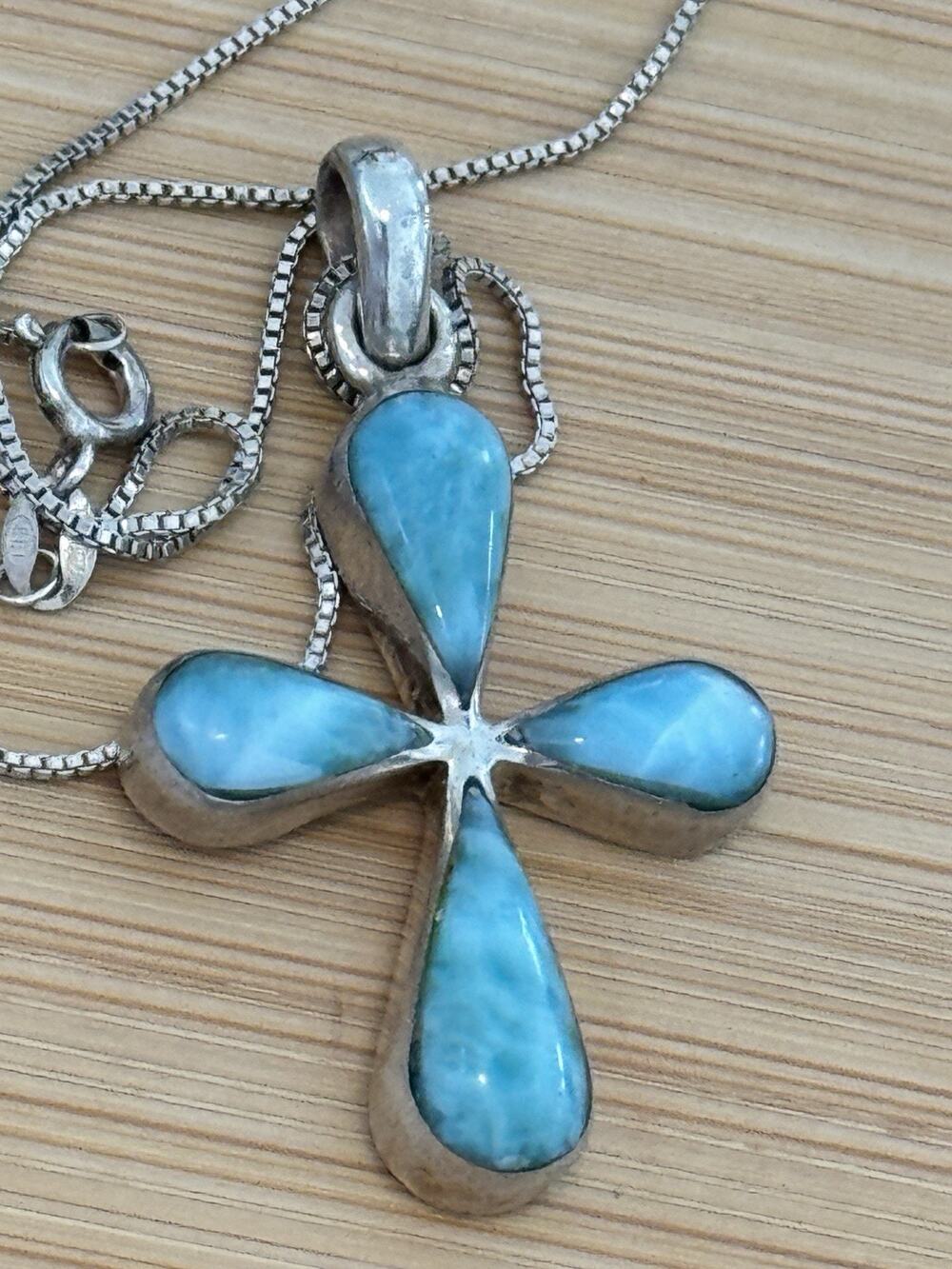 Vintage Larimar Sterling Silver 925 Cross Pendant Necklace 18” Southwestern